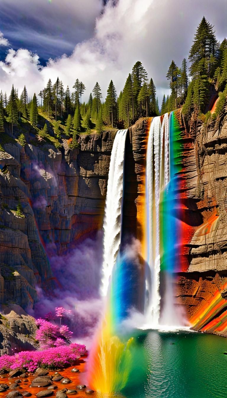 Rainbow Bismuth Waterfall Over Transparent Cliff