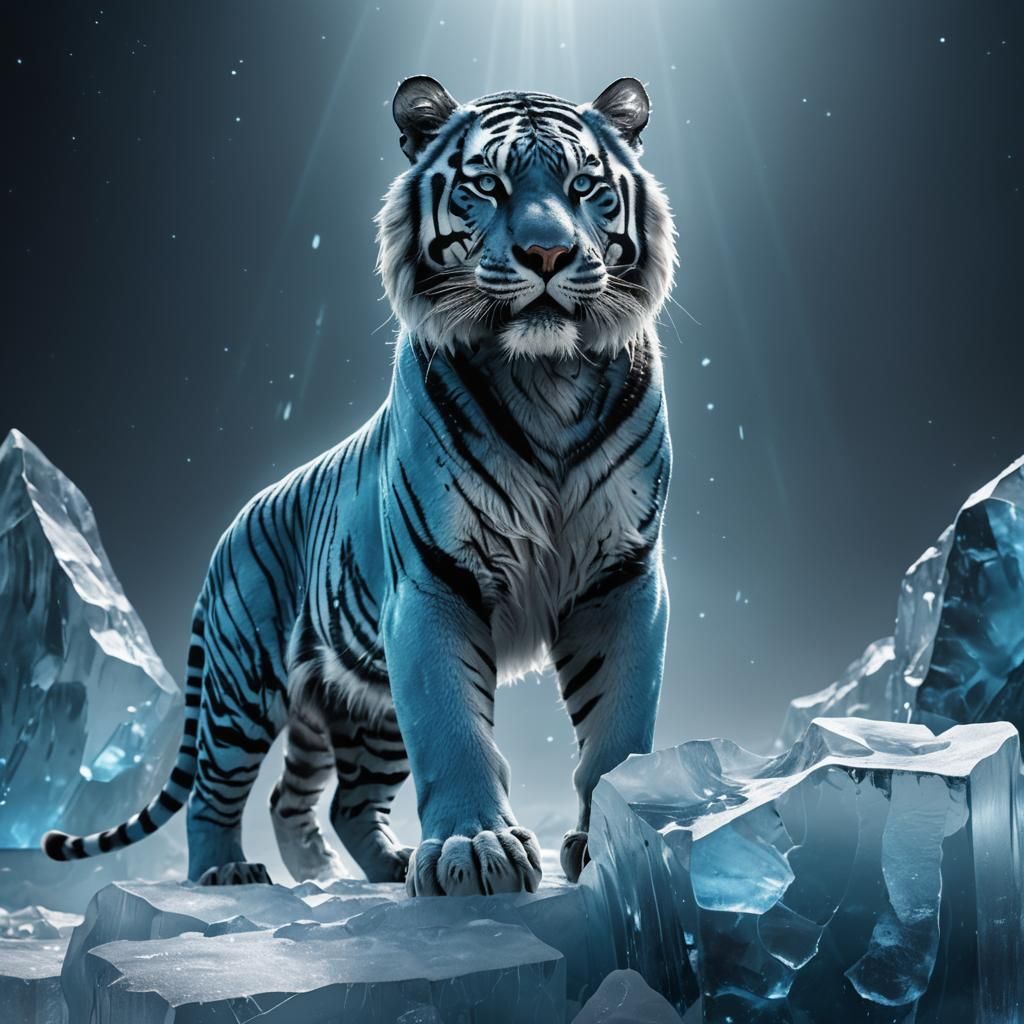 A hyperrealistic depiction of a majestic, glowing blue tiger...