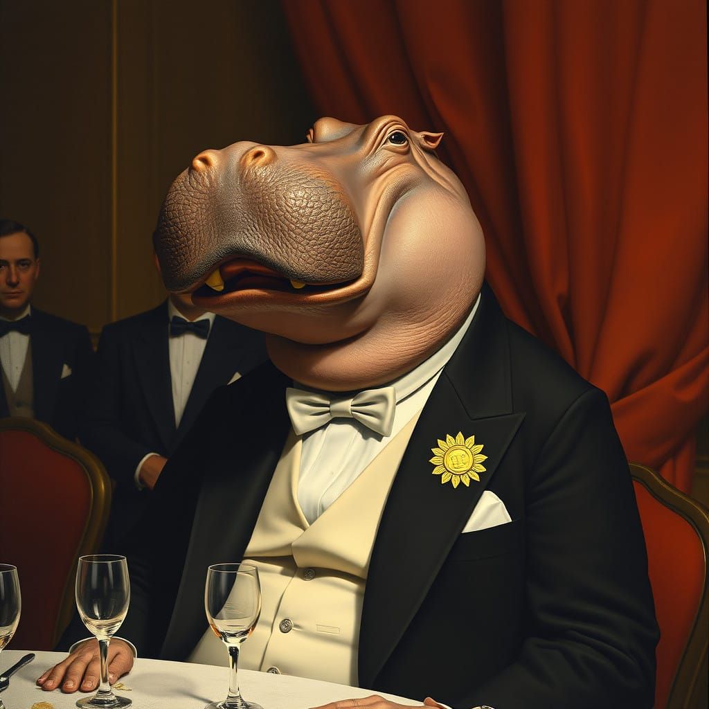 Surrealist Hippo in Elegant Tuxedo at Nobel Gala