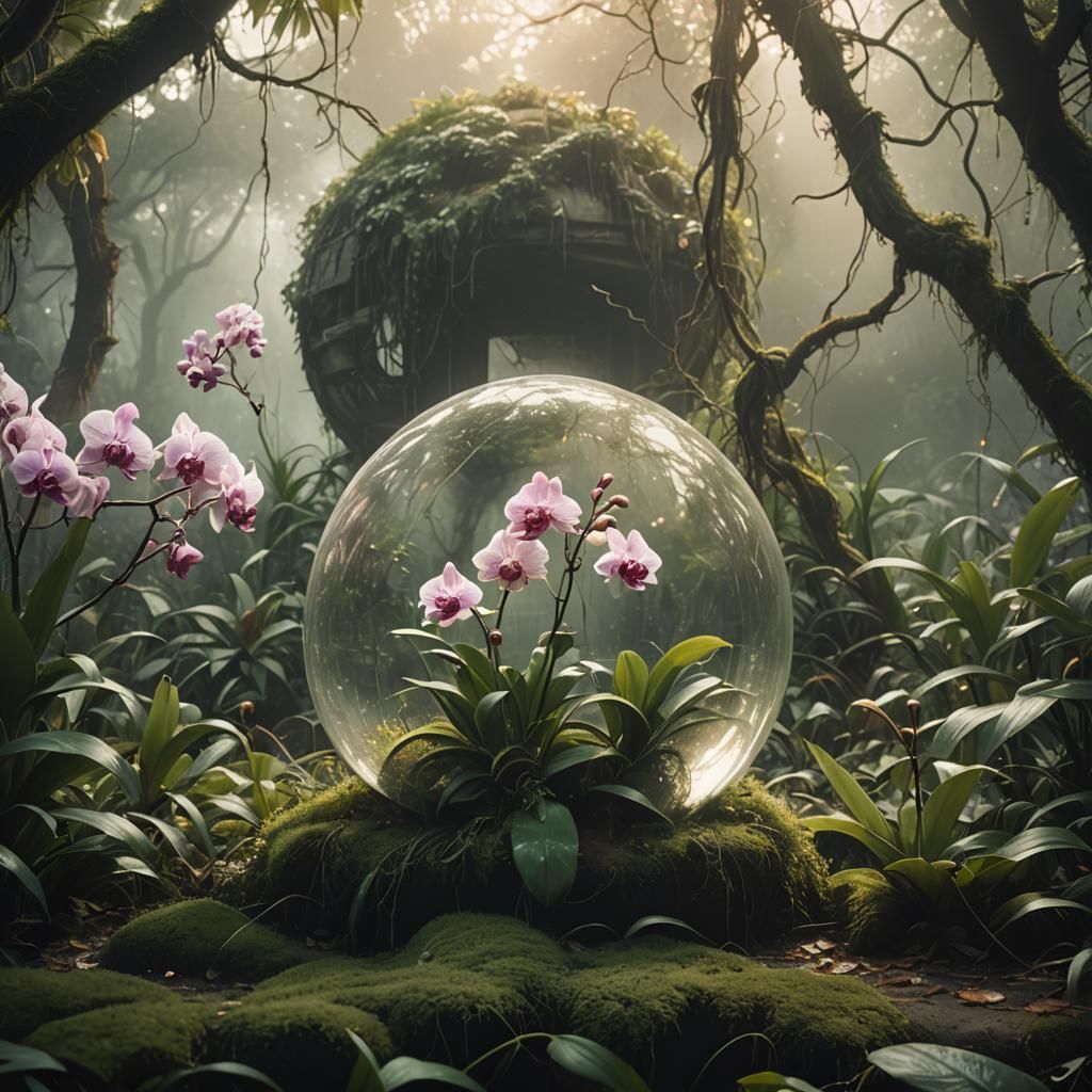 Glass Sphere in Abandoned Garden: Cinematic Digital Art