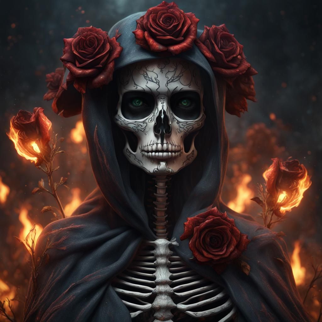 Ethereal Woman with Skeleton Face and Burning Rose