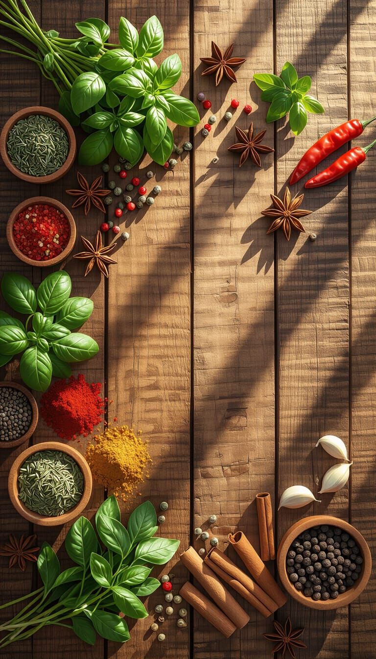 Fresh Herbs and Spices on Rustic Table, Sunlight Photography