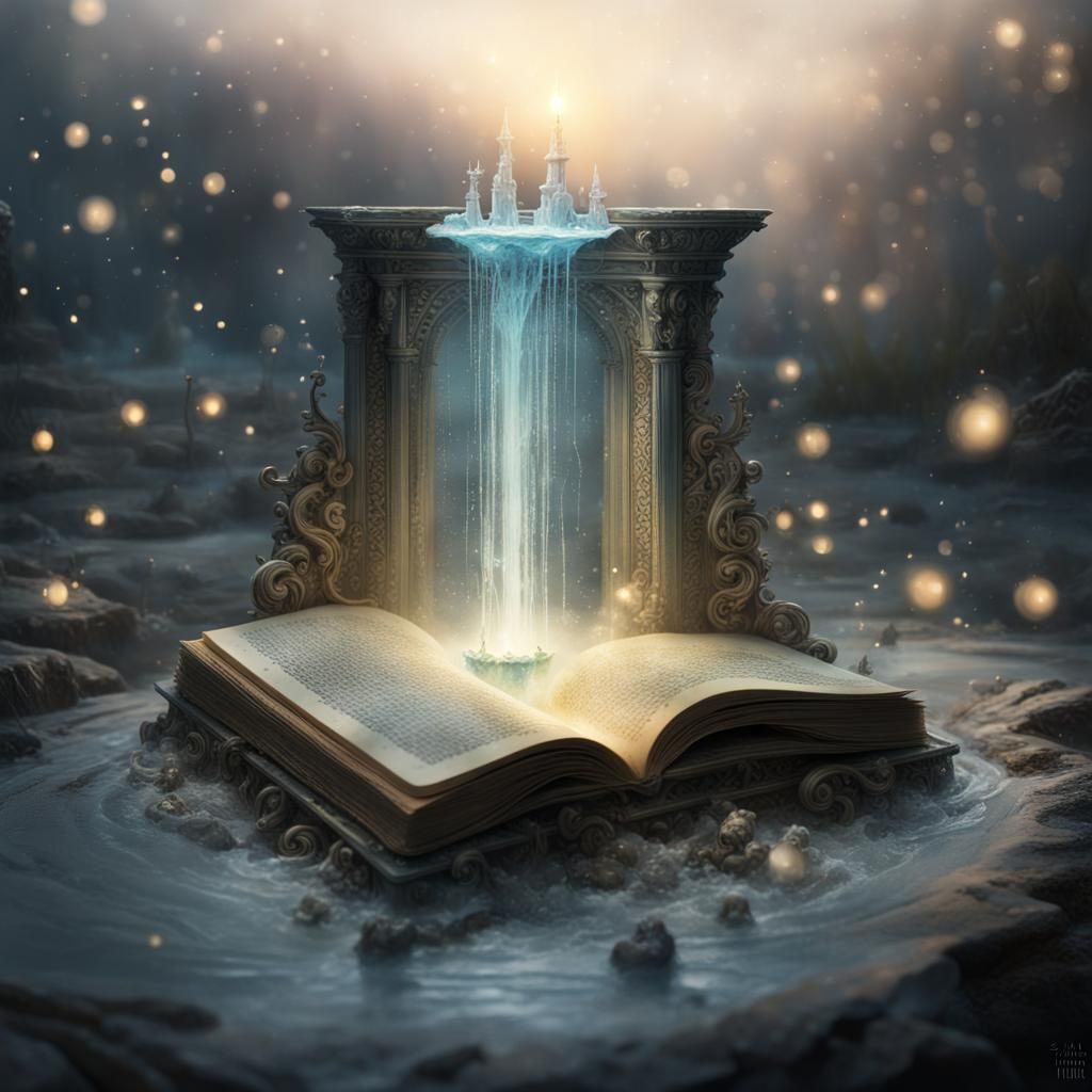 Fantasy Fountain in Open Book with Fireflies
