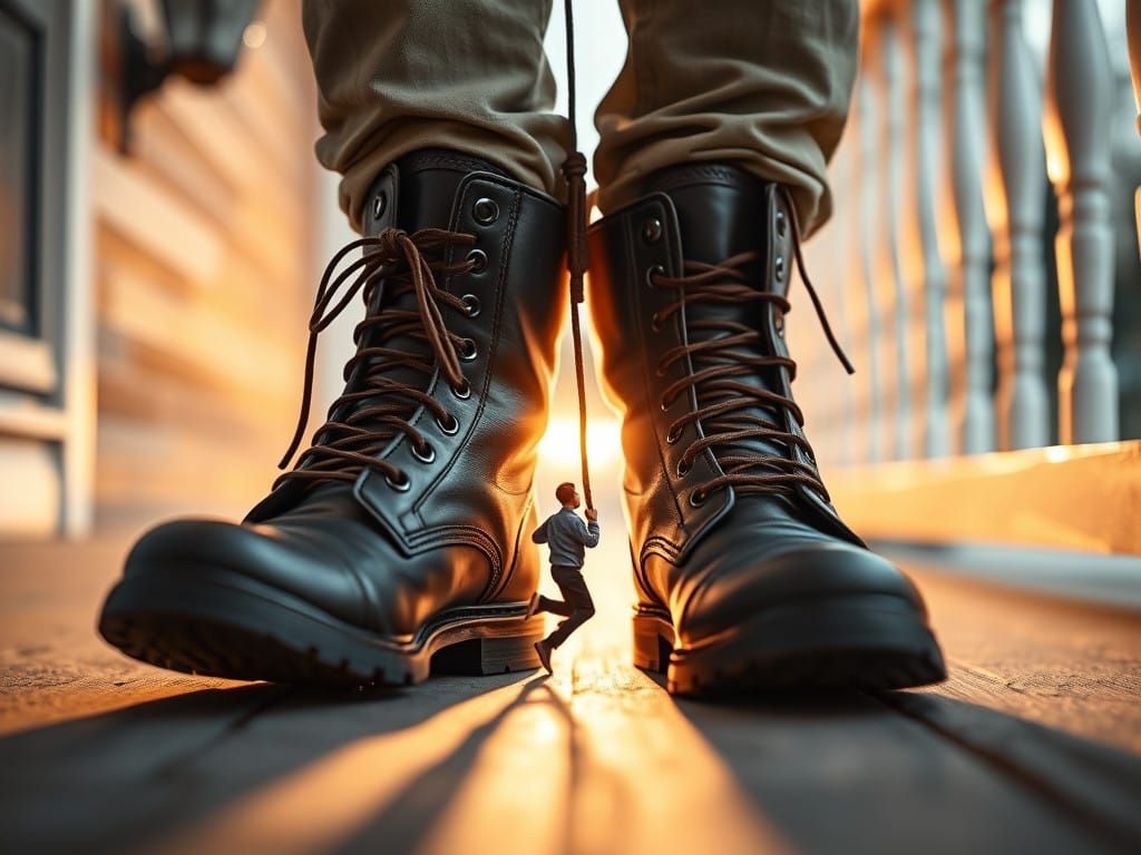 Miniature Adventurer Ascends Giant Boots