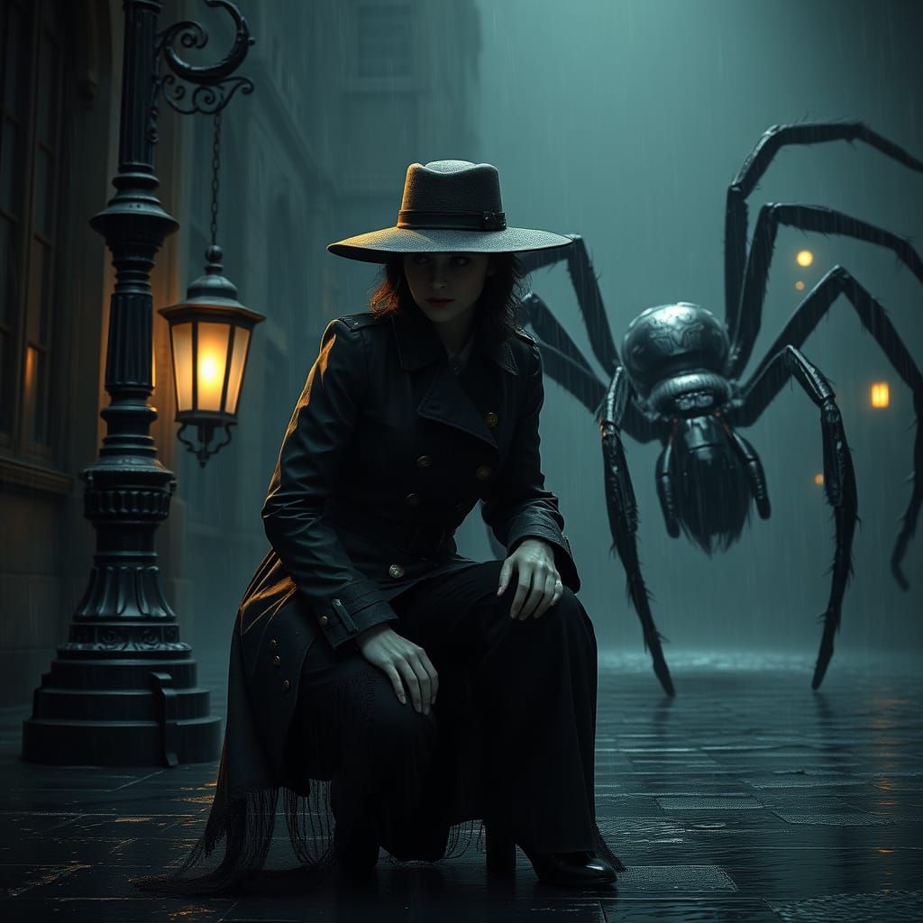 Gothic Vampire Hunter in Rainy Noir Cityscape