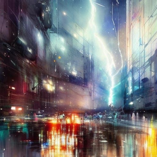 Dramatic Lightning Landscape in Watercolor Style