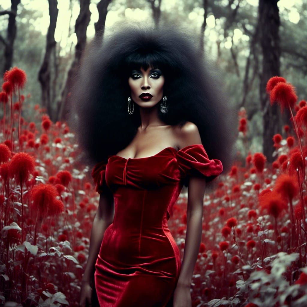 Elvira Lookalike in Moody Garden Scene