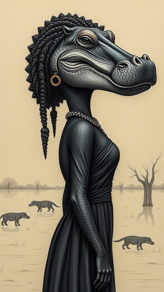 Egyptian Goddess Taweret in Scratchboard Style