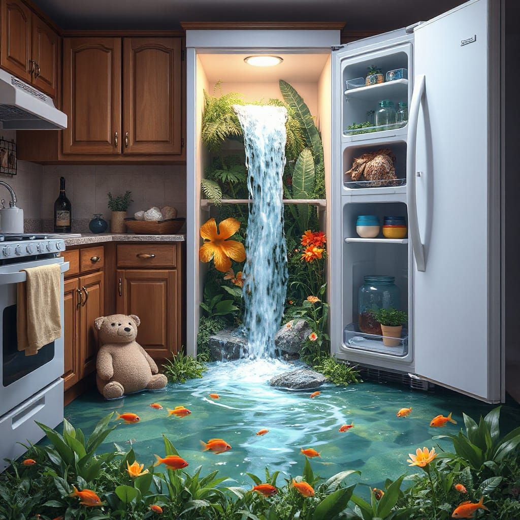 Surreal Kitchen Oasis Waterfall in Ghibli Style