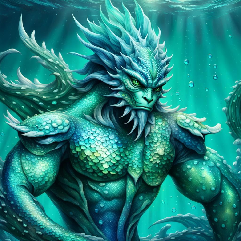 Triton Merges with Serpent in Digital Painting