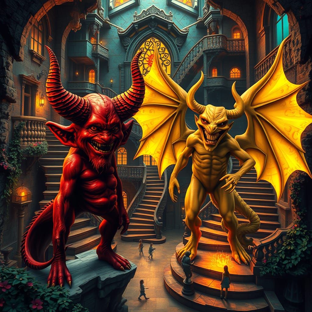 Melancholic Devils in a Whimsical, Escher-Inspired House