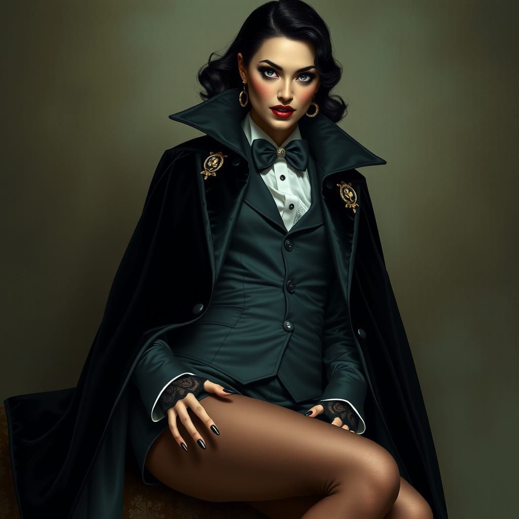Elegant Vampire Countess in Black Tie with Velvet Cape and V...