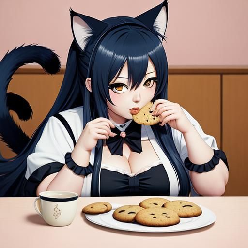 Anime Girl with Cat Features Eating Cookies