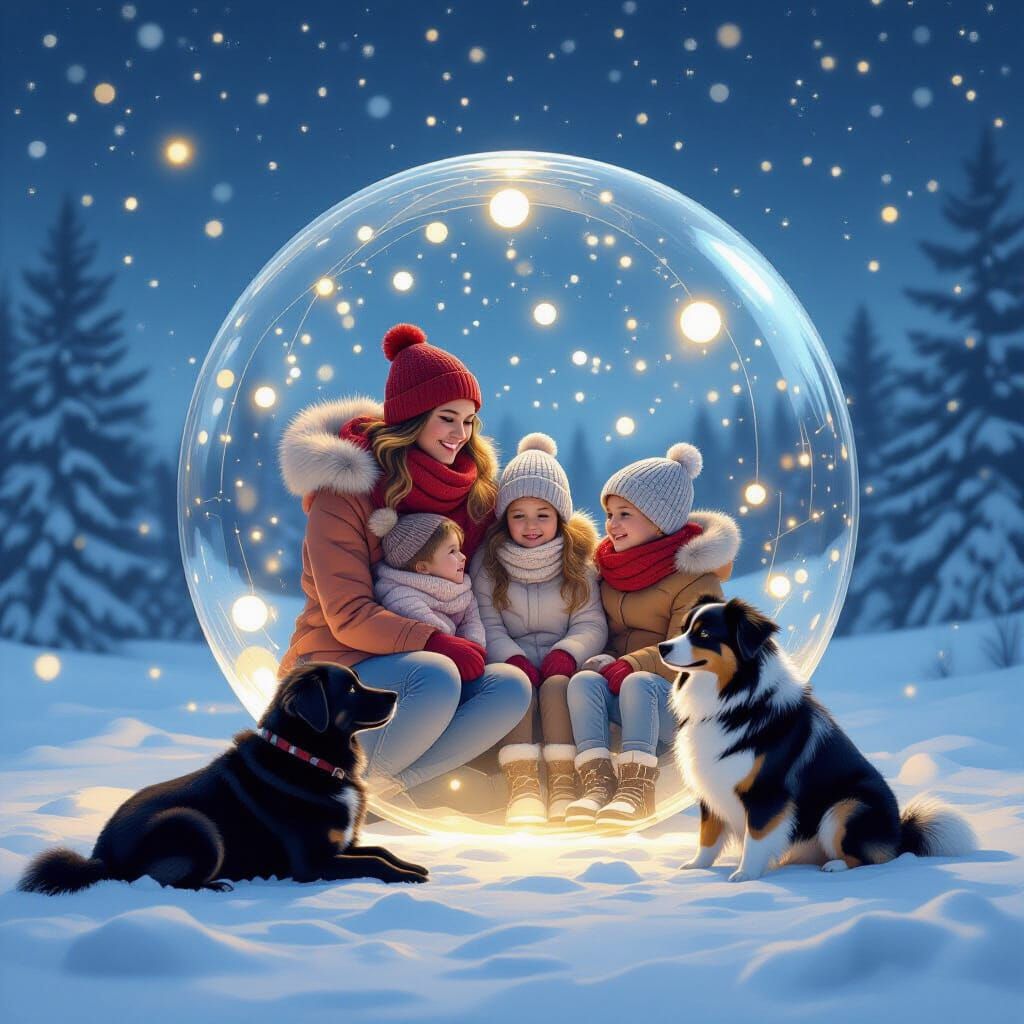 Family Protected by Glowing Sphere in Snowstorm