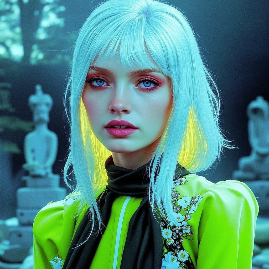 Zen Nun in Japanese Garden, Meditating with Tea Bowl