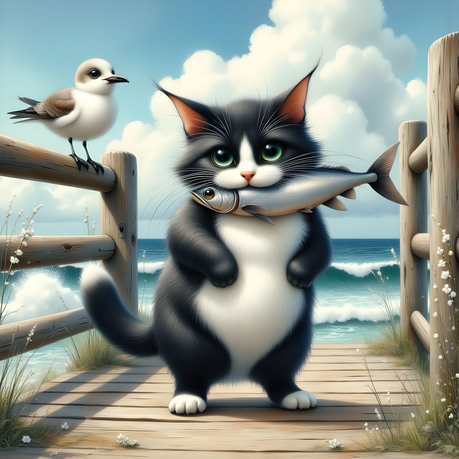Surreal Whimsy Cat Carries Catch on Weathered Boardwalk