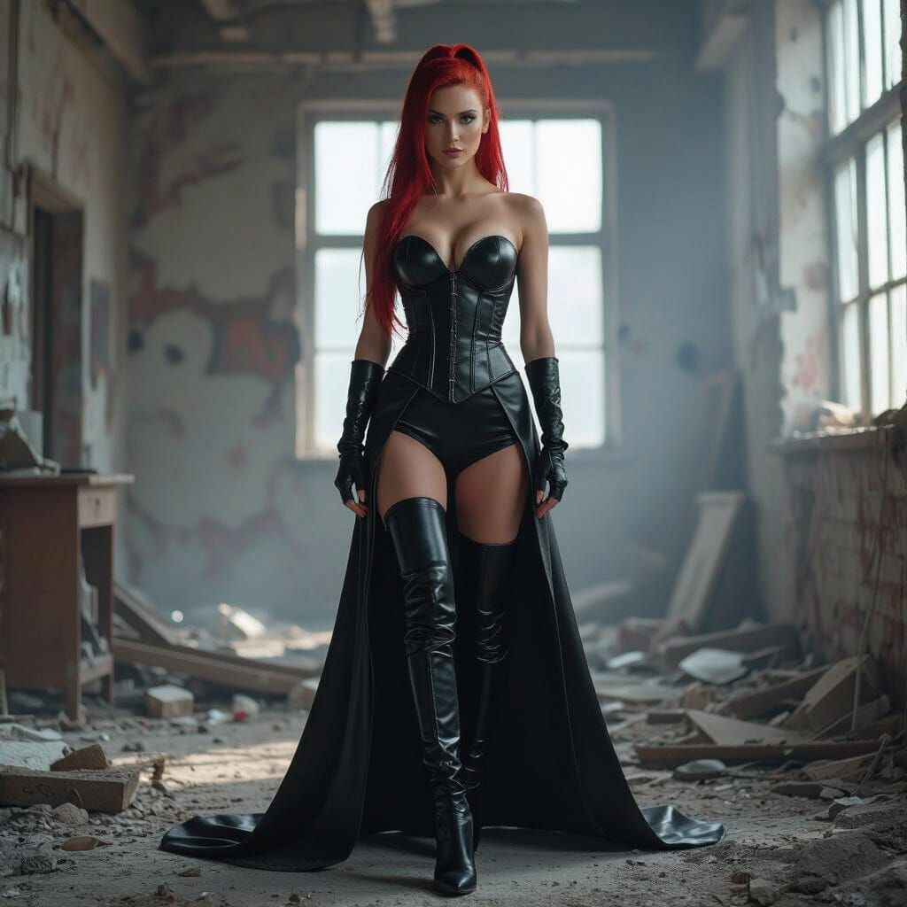 Goddess Iris Over Lab Ruins in Cinematic Film Still