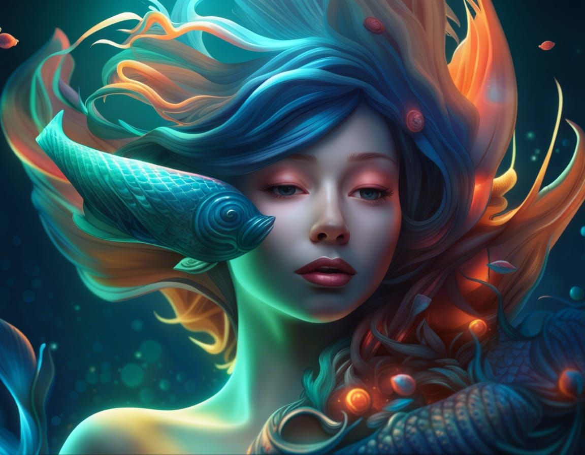 Bioluminescent Mermaid in Cubist Underwater Fantasy