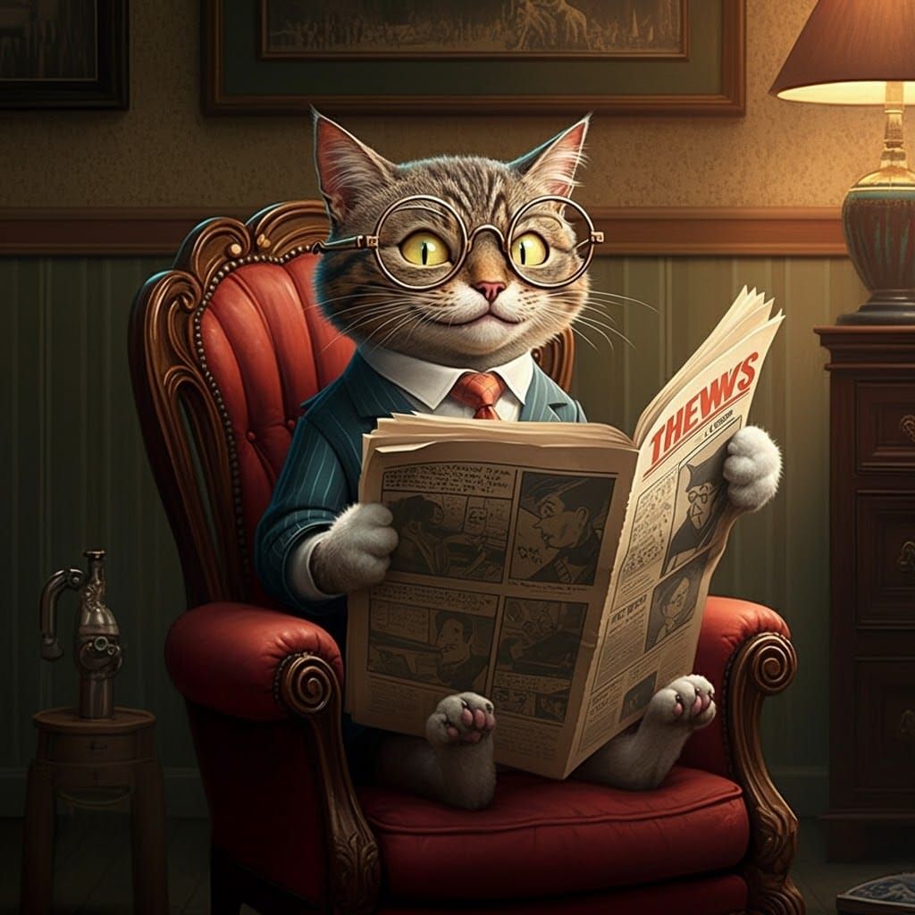 Cartoon Cat Reads Newspaper in Ed Roth Style