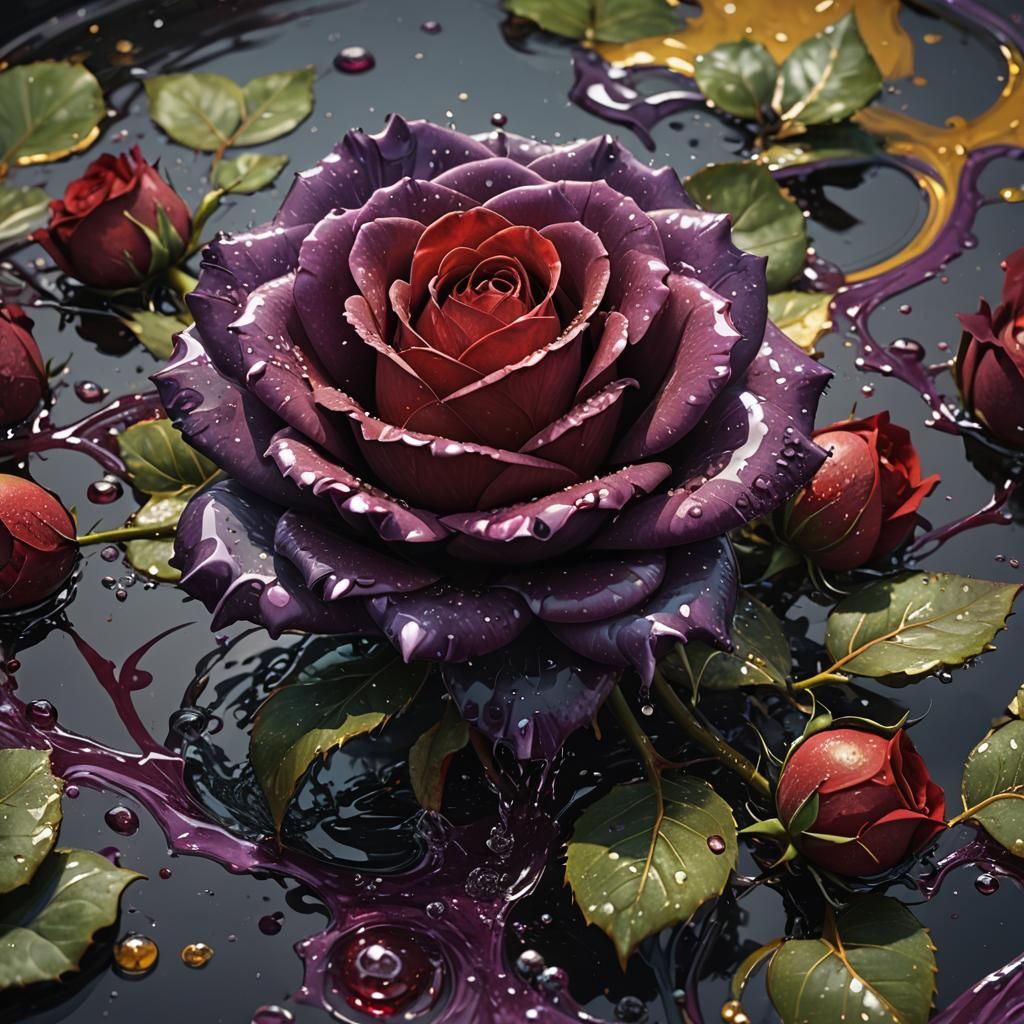Dramatic Red Rose with Water, Detailed Fantasy Art