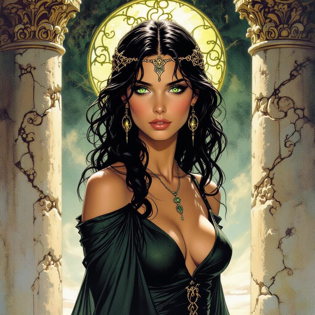 Kyra in Obsidian Silks Among Carved Pillars