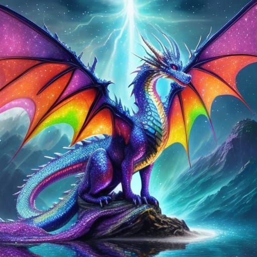 Majestic Dragon Emerges from Iridescent Waves in Vibrant Oil...
