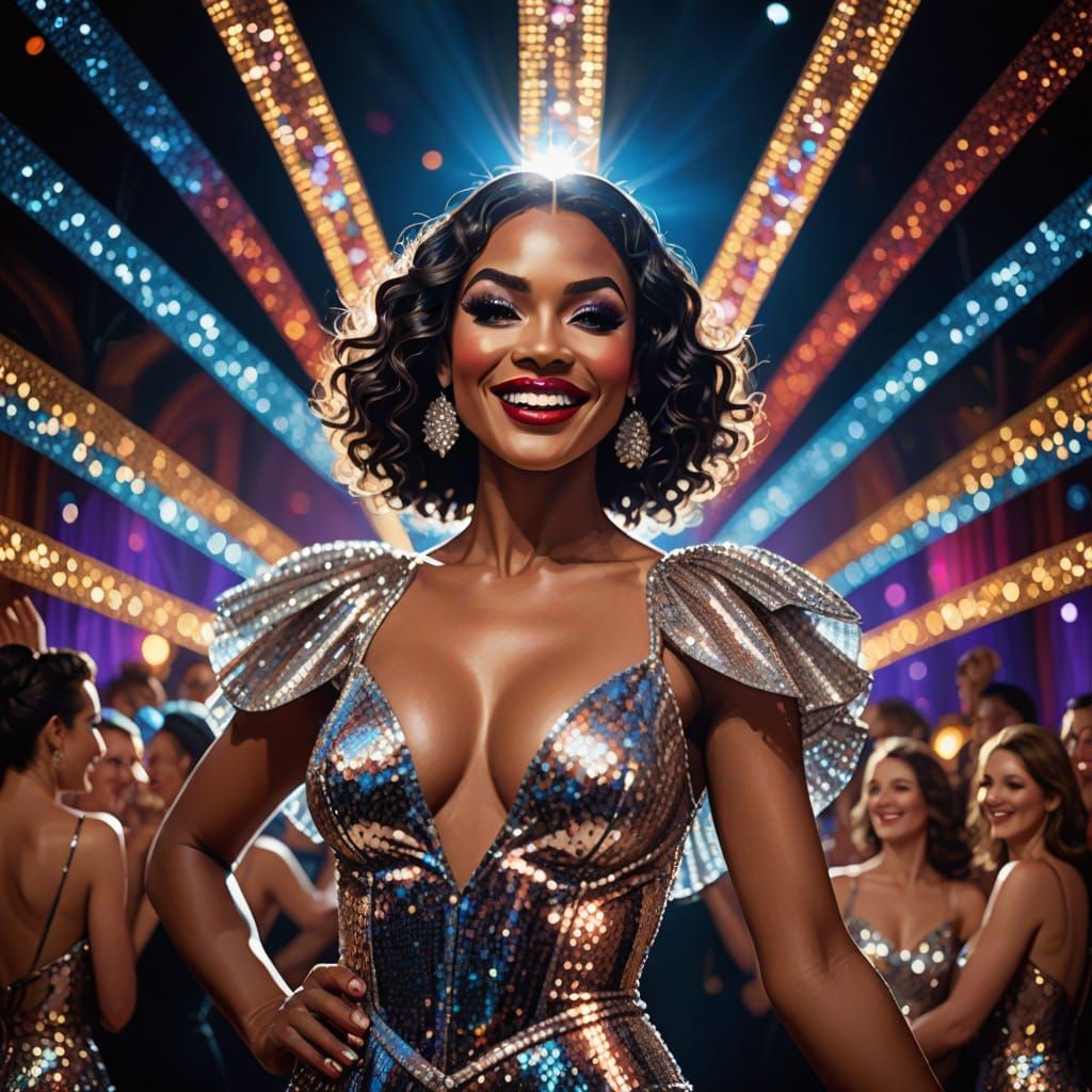 Smiling Cabaret Dancer in Sequins Under Stage Lights