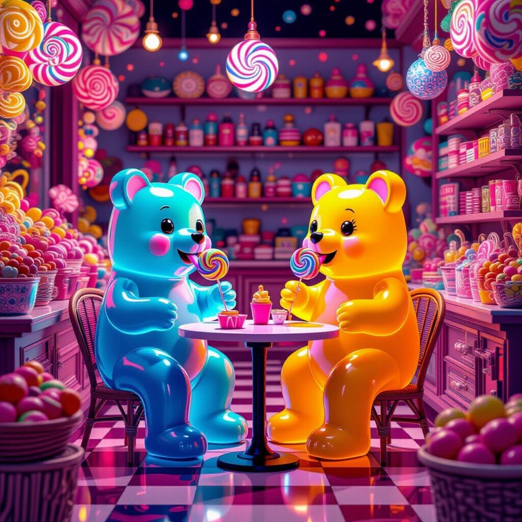 Vibrant Sweet Shop with Bioluminescent Gummy Bears