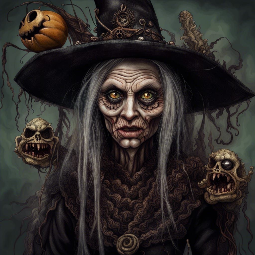 Whimsical Scary Witch Portrait, Detailed Oil Painting