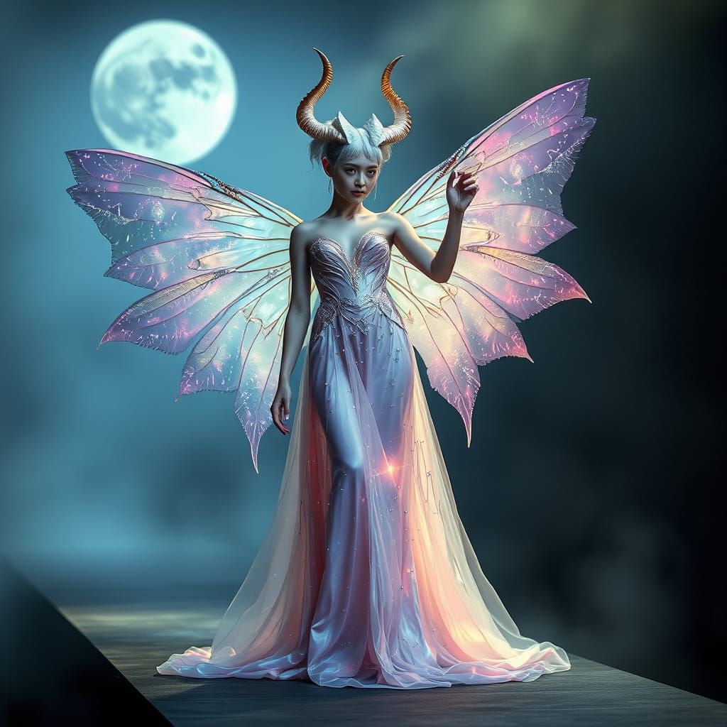 Ethereal Faerie in Iridescent Gown on Moonlit Catwalk