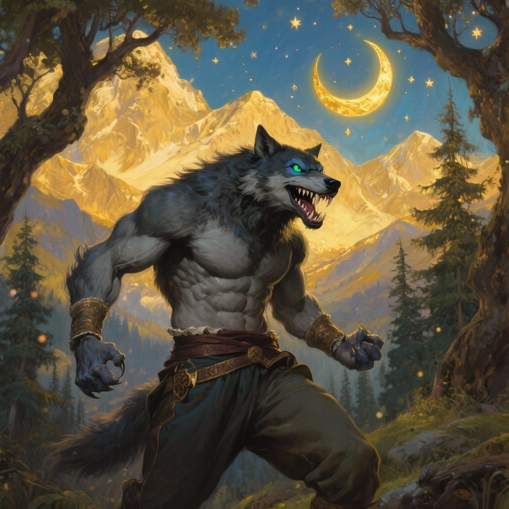 Werewolf Warrior in Renaissance Pants, Epic Forest Scene