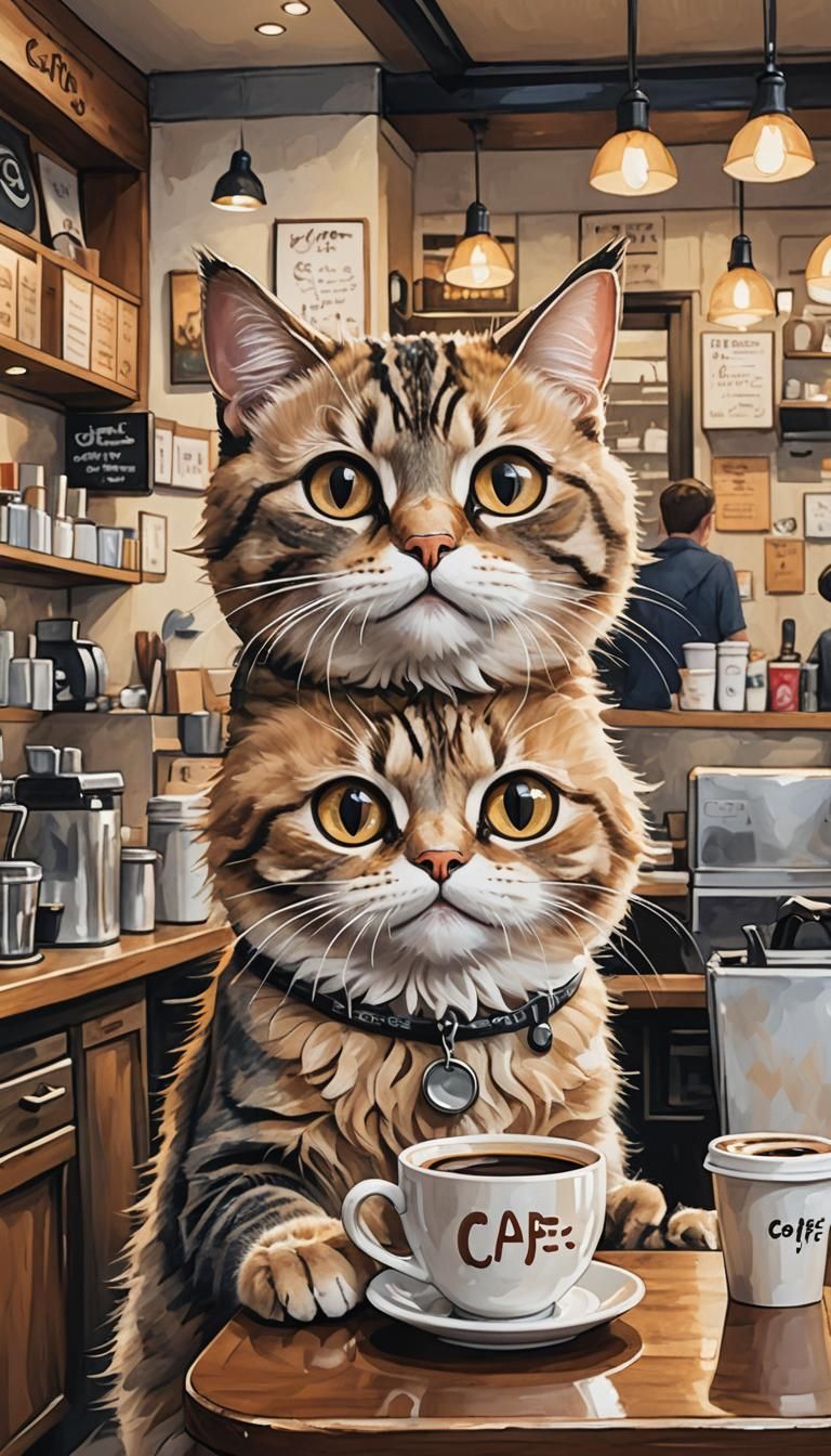 Animated Cat Begs for Coffee in Cafe