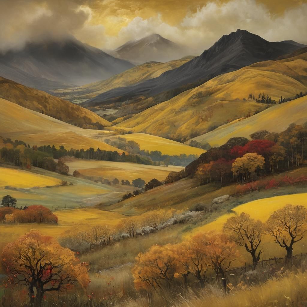 Storm Clouds Over Misty Mountains in Encaustic Style