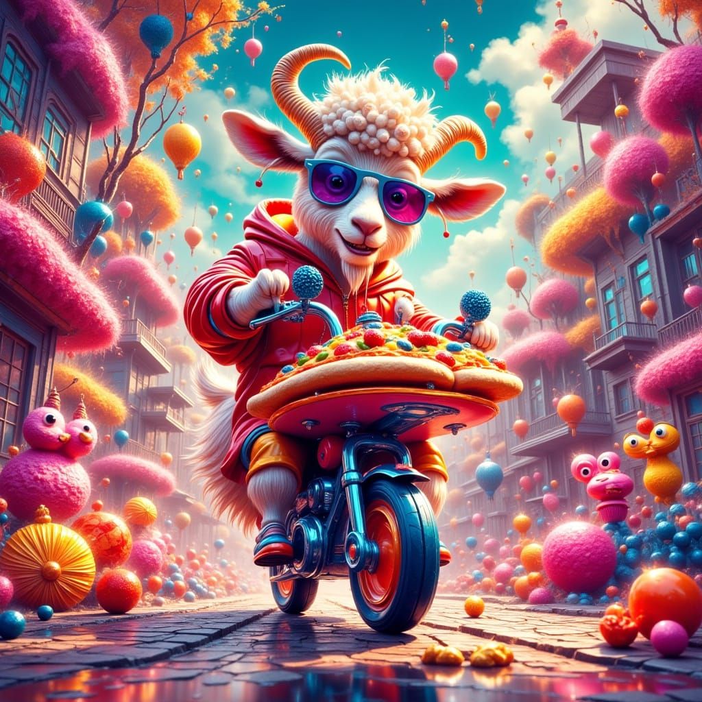 Pizza Goat Rides Candy Lands: Hyperrealistic Cel-Shaded Art