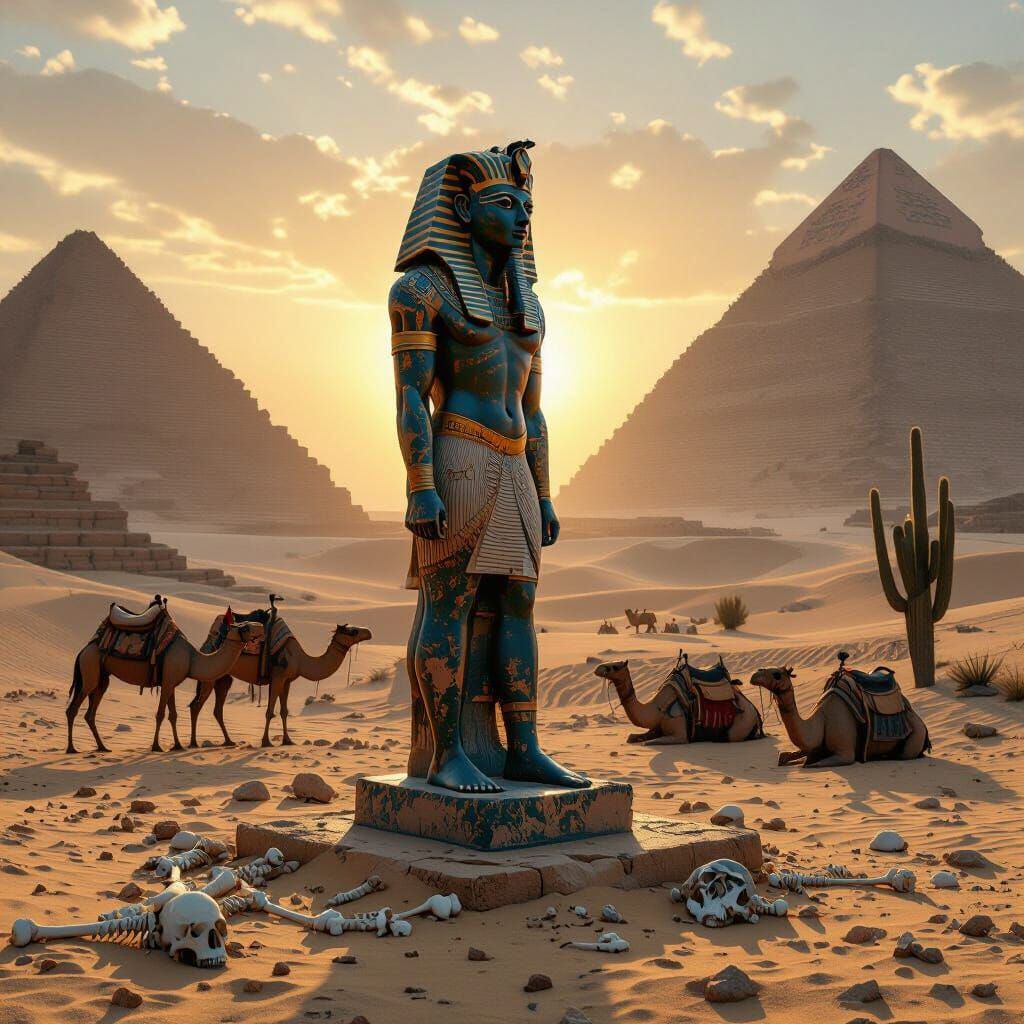 Ancient Egyptian King Statue with Camels and Pyramids