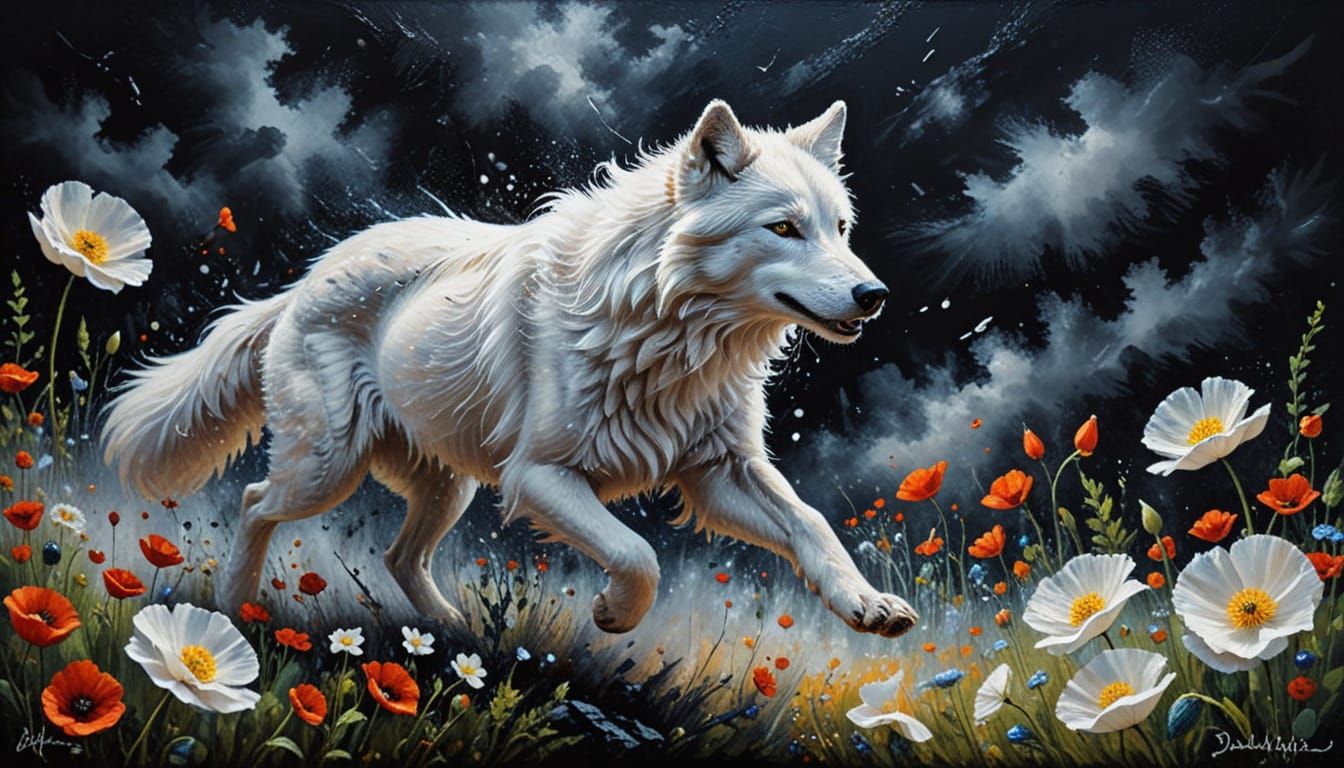 White Wolf Leaping Amidst Falling Poppies