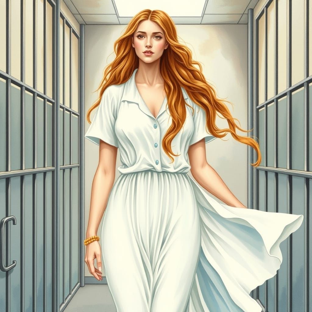 Aphrodite in Prison: Botticelli-Inspired Pastel Watercolor