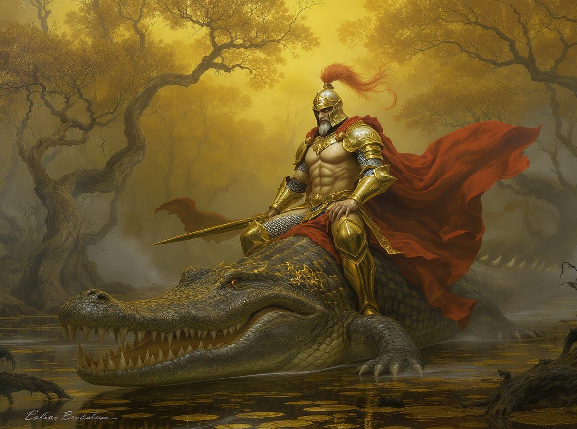 Knight on Crocodile in Mystical Forest, Pre-Raphaelite Style