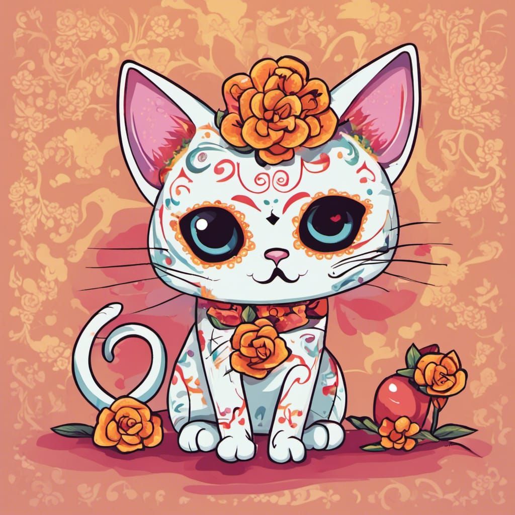 Kawaii Cat Celebrates Dia de los Muertos