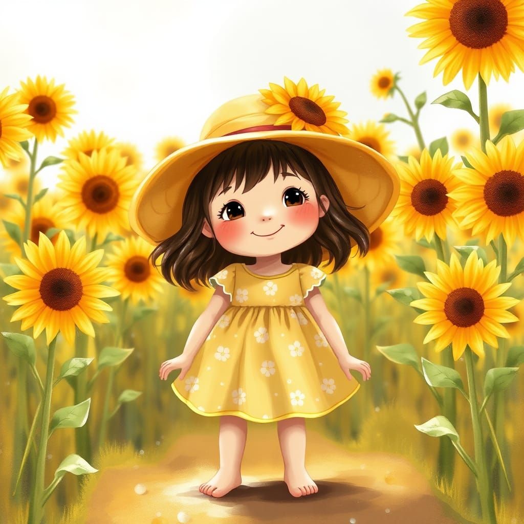 Girl in Sunflower Field, Watercolor Painting