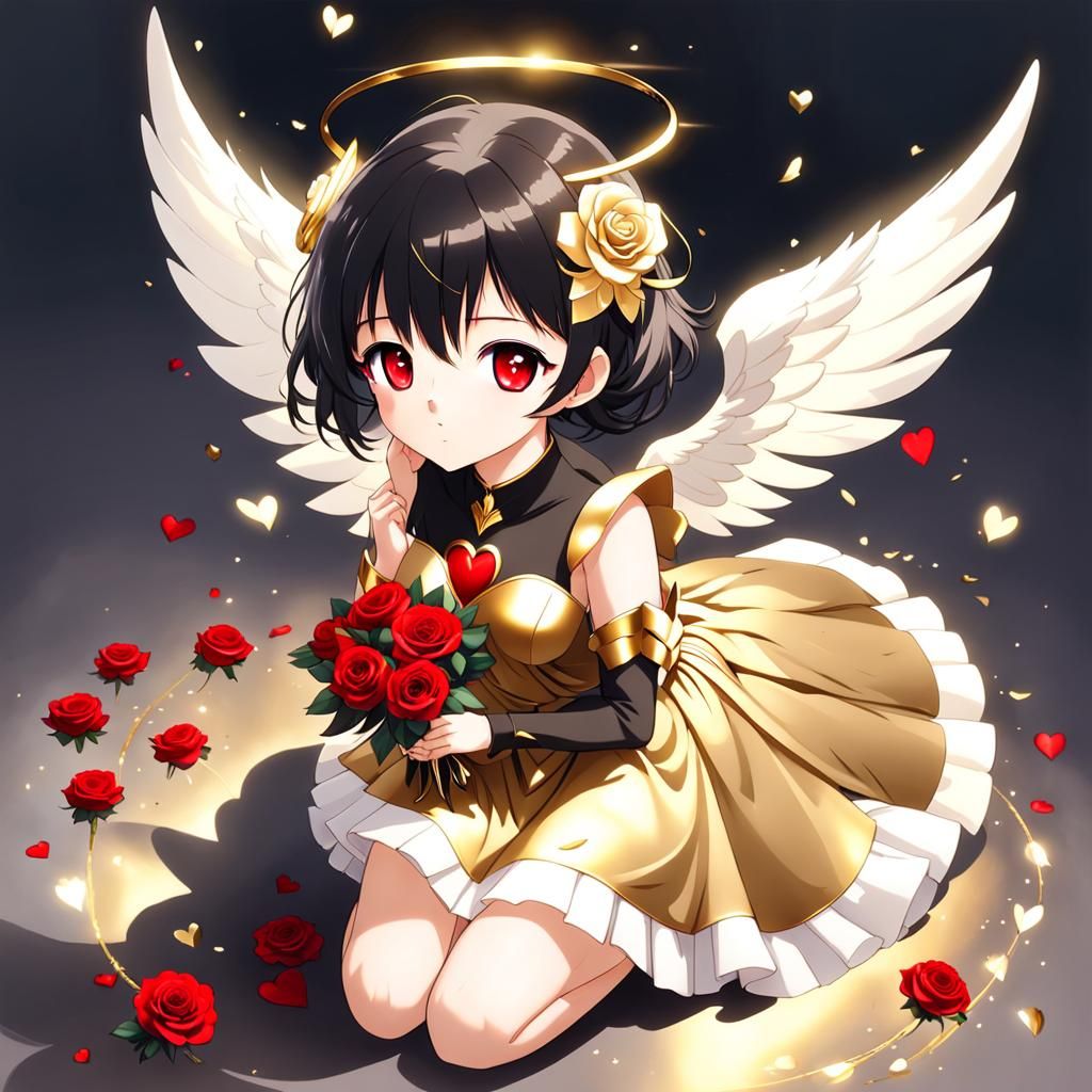 Anime Angel Girl with Roses and Hearts