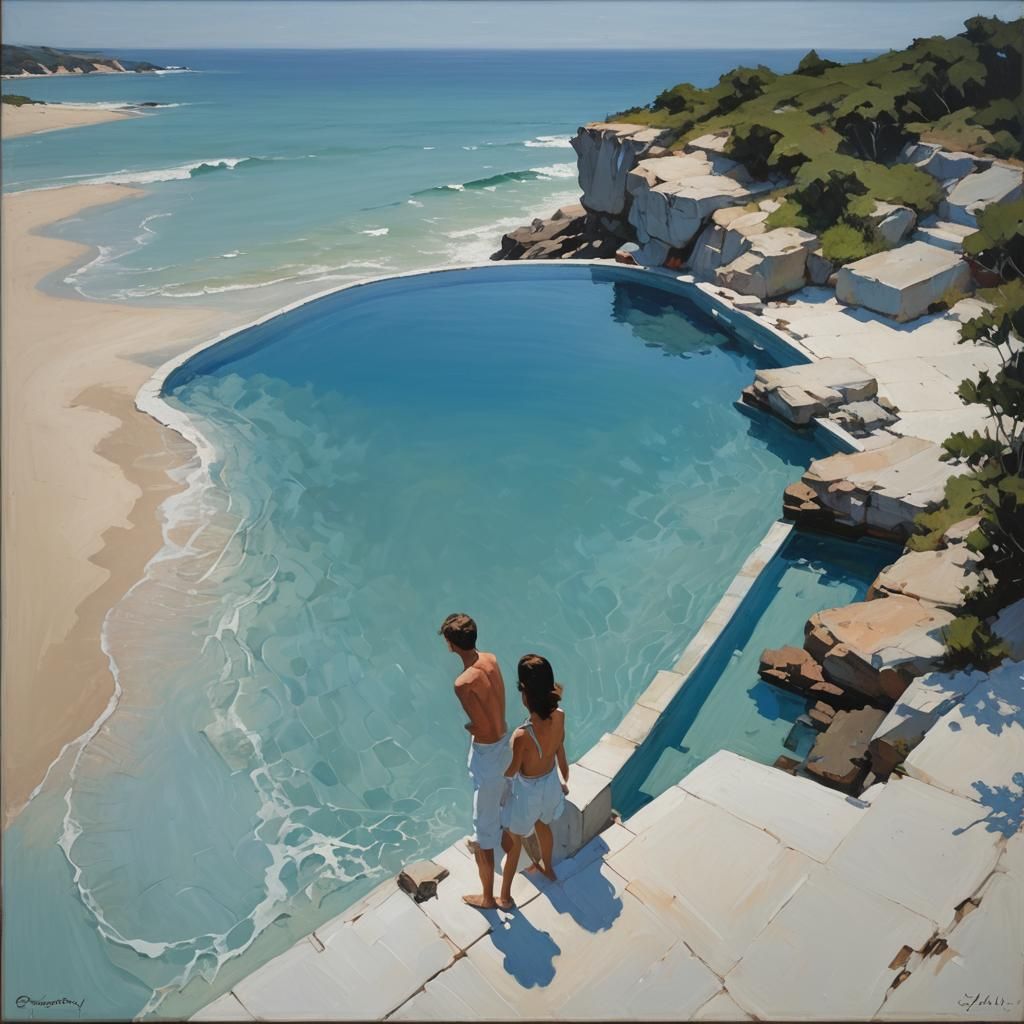 Modern Beach House with Blue Pool: Minimalist Oil Painting