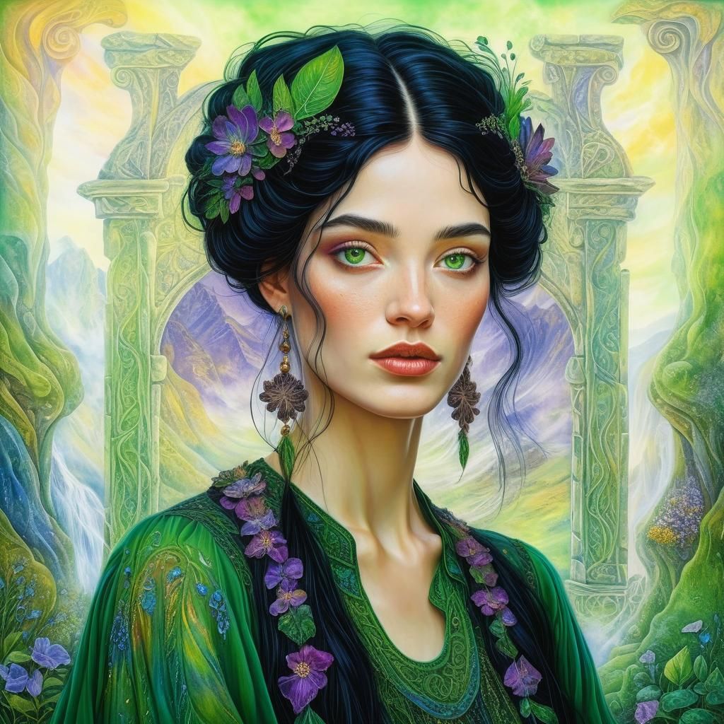 Gaelic Woman in Green Blouse, Surrealist Style