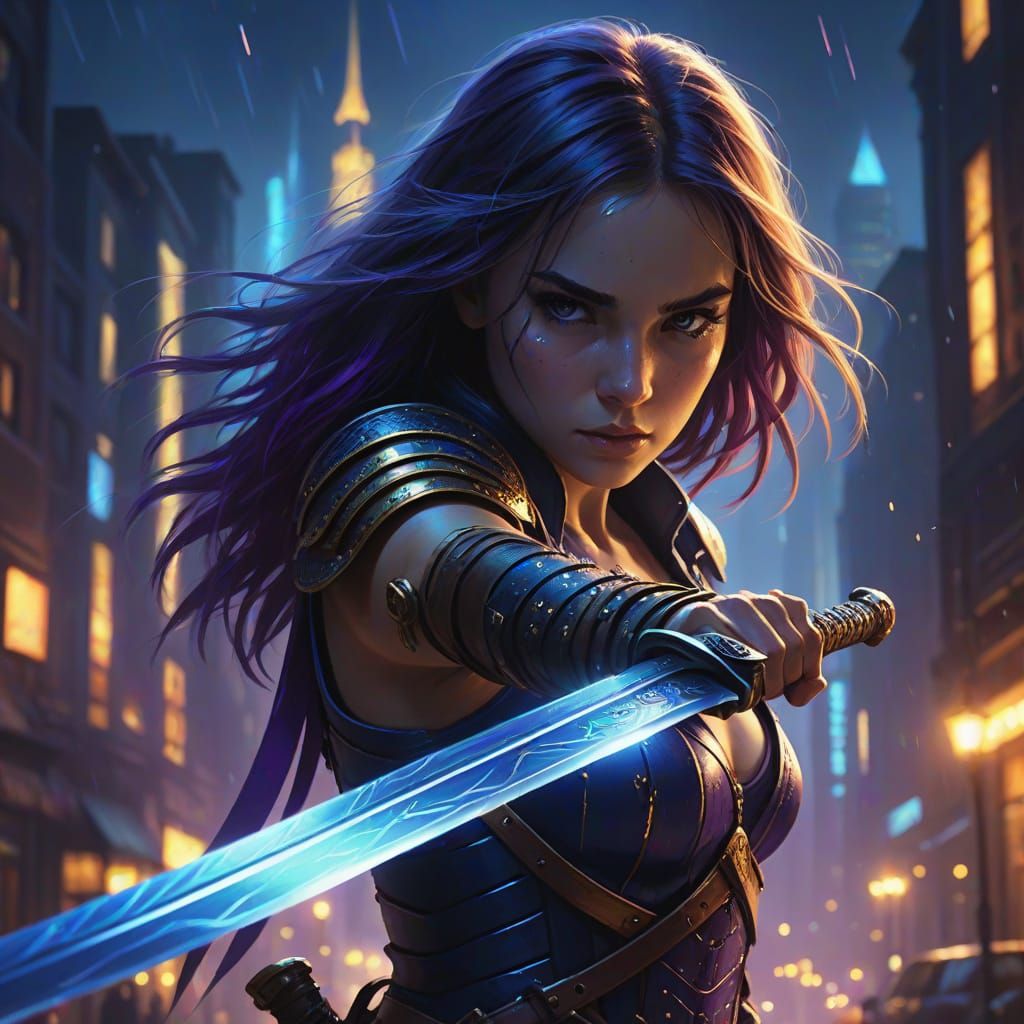 Woman Warrior with Glowing Sword in Cityscape