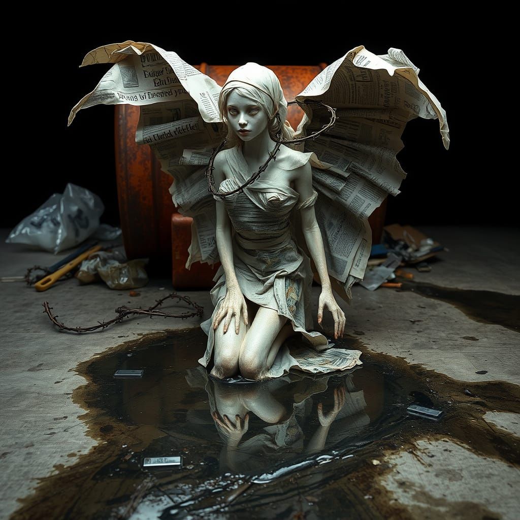 Delicate Newspaper Figure Kneeling in Oil, Photorealistic St...