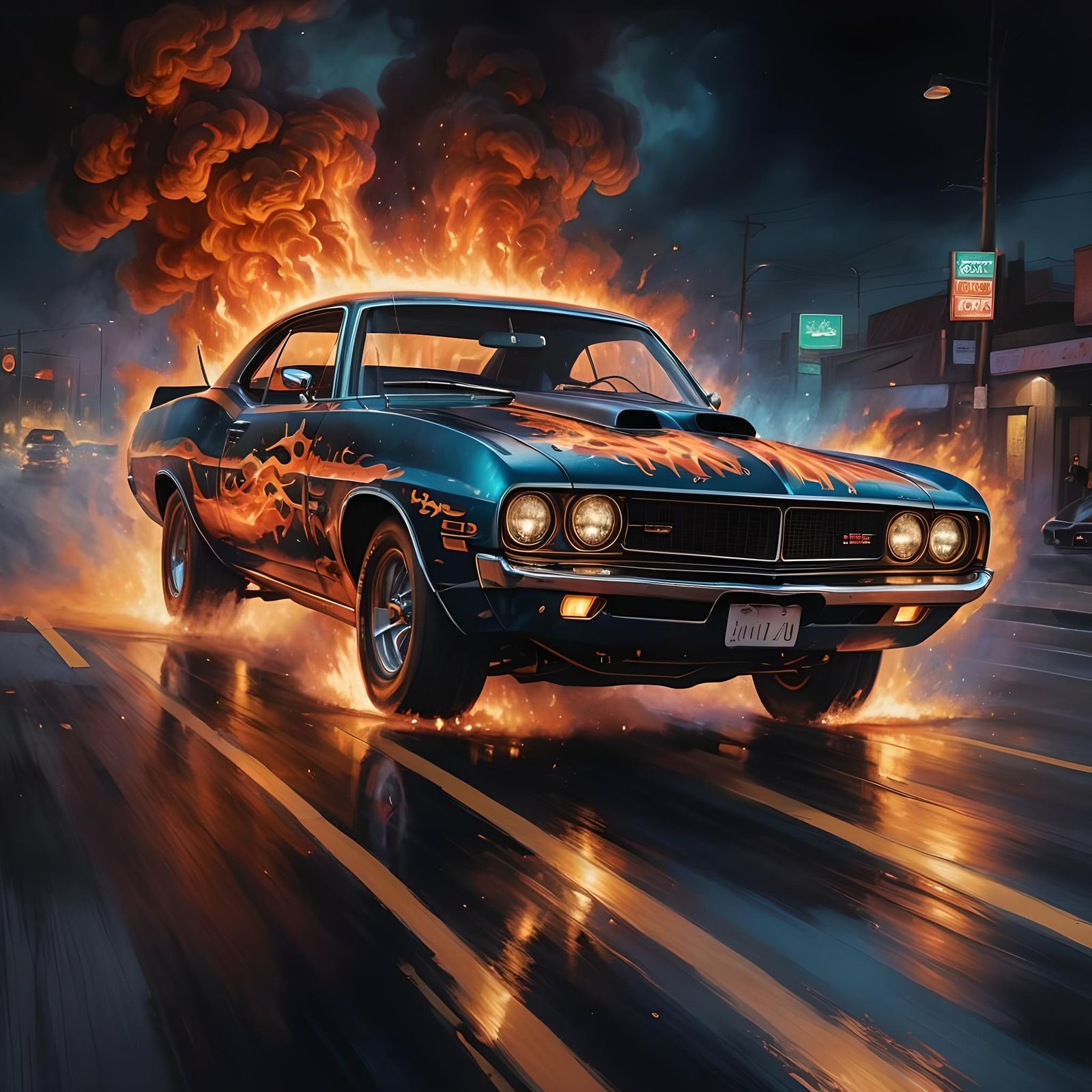 Flaming American Muscle Car: Detailed Matte Painting
