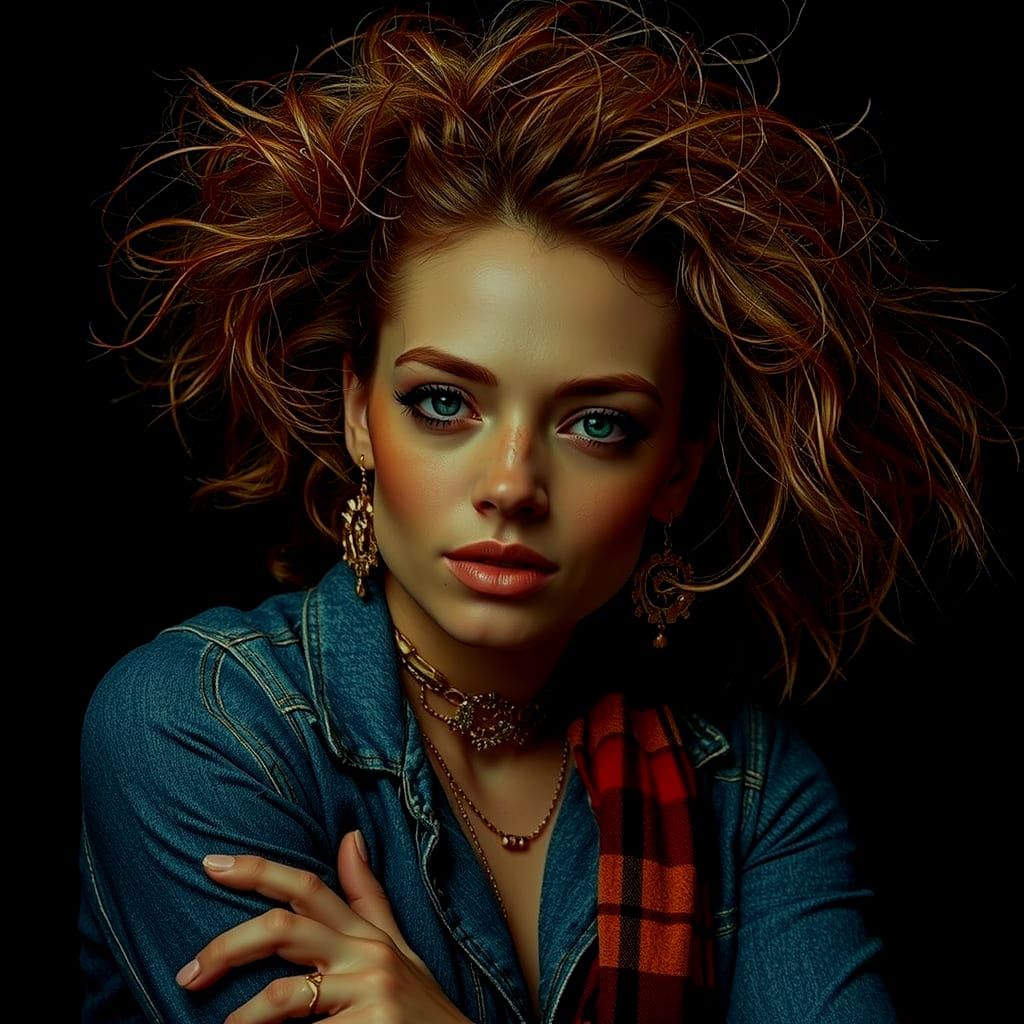 Rugged Glamour Woman with Windswept Hair and Dramatic Lighti...