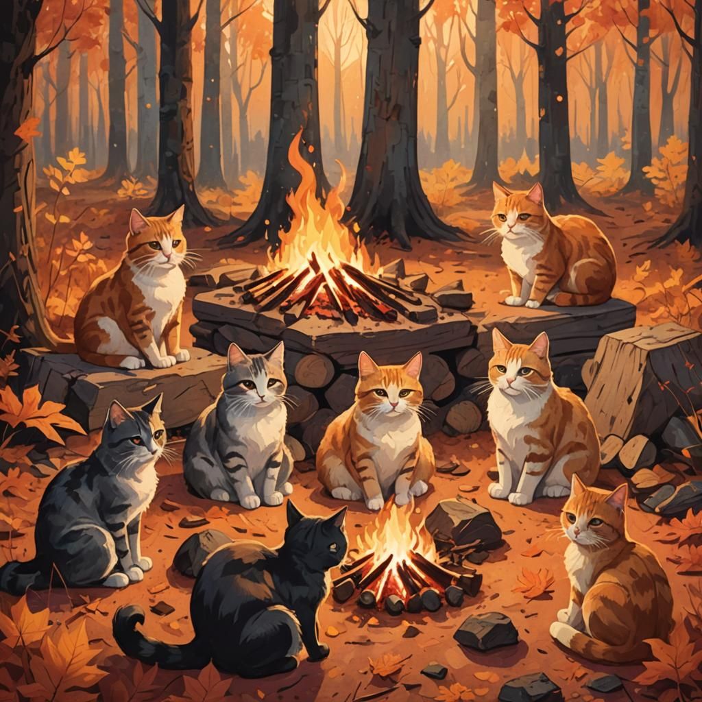 Cats Around Campfire in Autumn Woods Illustration