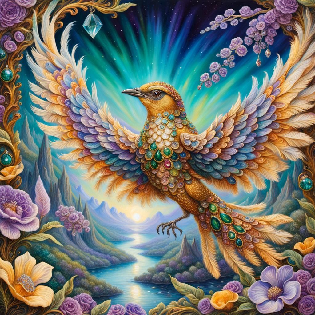 Jewelled Bird in Flight Over Crystal Landscape