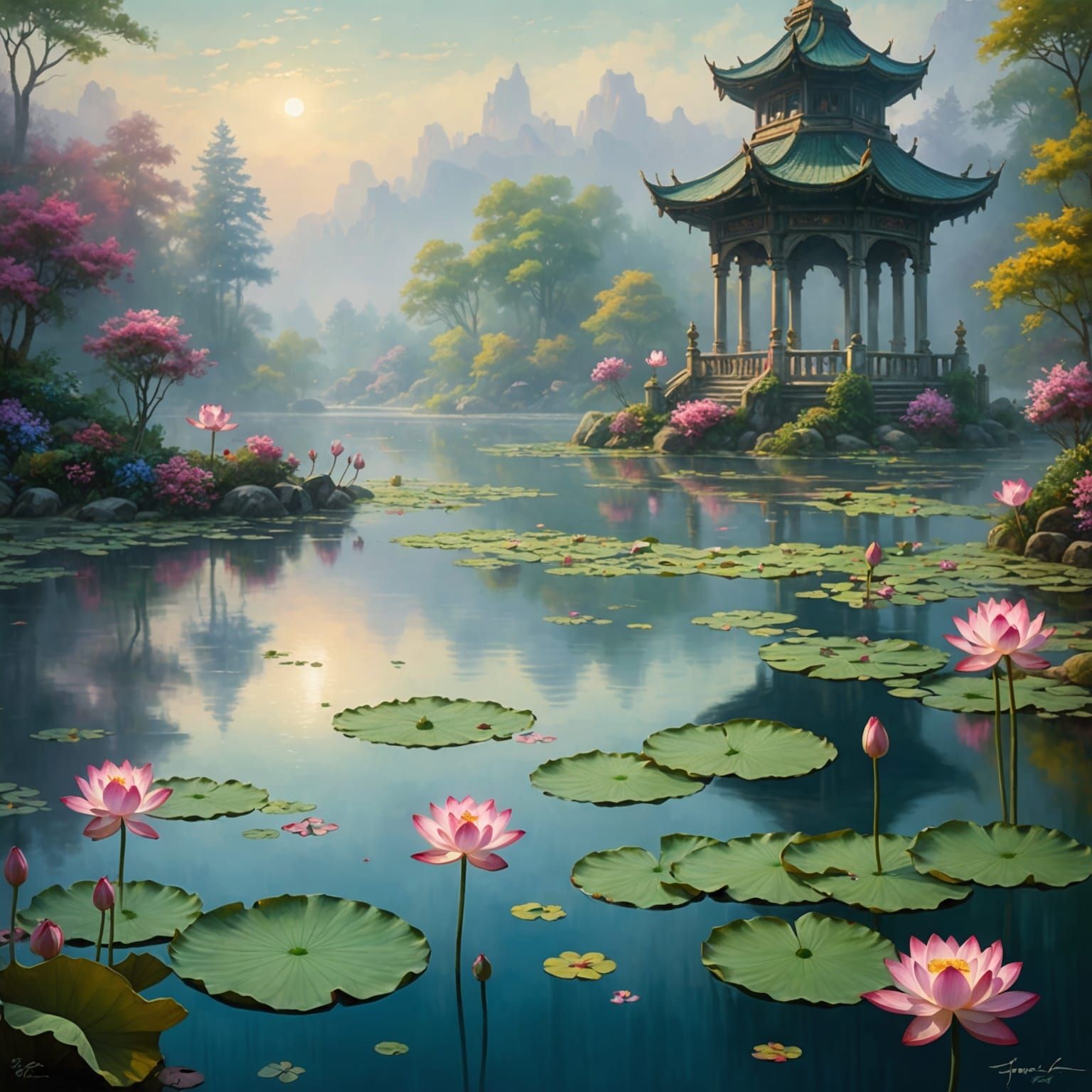 Ethereal Lotus Lake in Fantasy Style